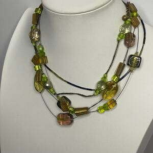 Chico's necklace costume signed jewelry green and brown beads on gold tone wire